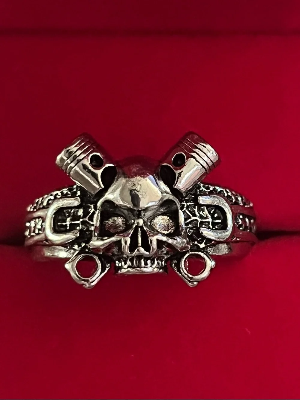 Men's Silver Skull & Pistons Ring - Gothic Biker Style Size 10
